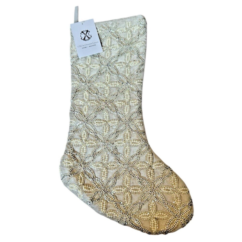 Christian Lacroix Luxury Gray Velvet Christmas Stocking Beads Pearls Holiday